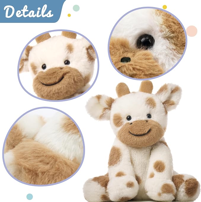 Hopearl Adorable Plush Cow Toy Floppy Kawaii Dairy Cattle Soft Stuffed Animal Cute Birthday Holiday Gift for Boys Girls Kids Toddlers, Light Brown, 9''