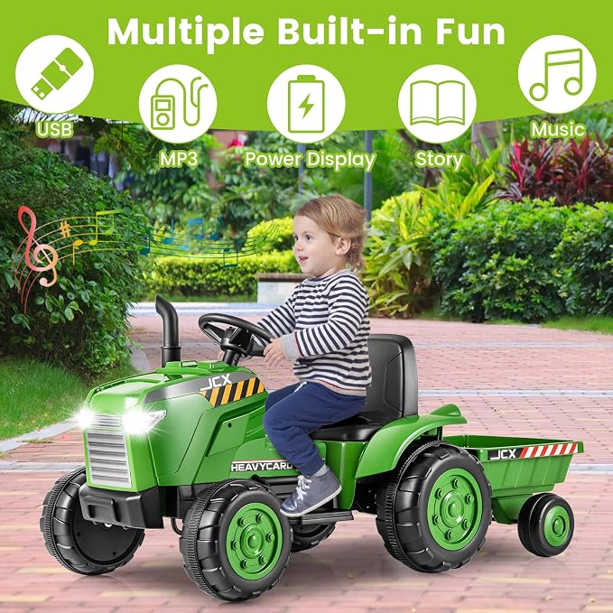OLAKIDS 12V Kids Ride on Tractor, Battery Powered Motorized Electric Car with Trailer, Dual Motors, Remote Control, Light, Music, USB, Toddler Vehicle Toys for Boys Girls (Green)