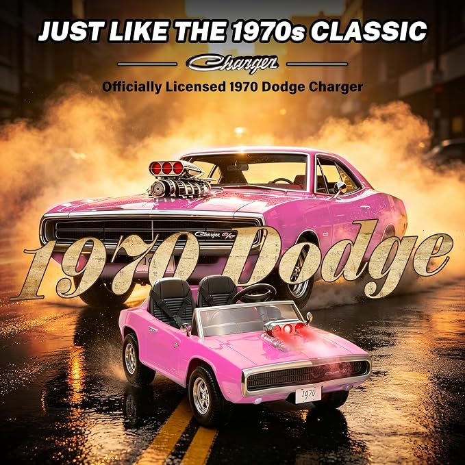 Licensed 1970 Dodge Charger 24V Ride on Toys for Big Kids, 2 Seater Ride on Car with Parent Remote Control, Dual 120W Motors, Bluetooth Music, LED Lights, Hood Supercharger with Mist, 5 MPH