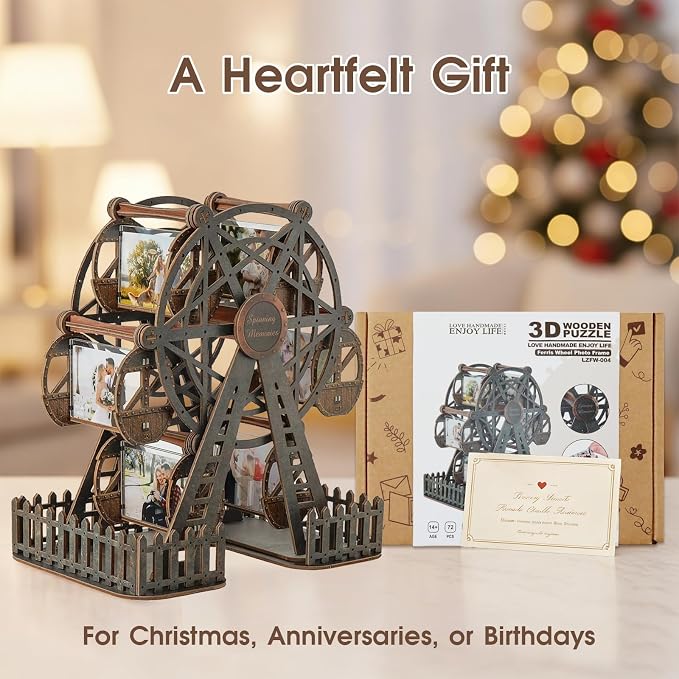 Photo Ferris Wheel 3D Wooden Puzzles for Adults, Rotating Mini Picture Frame Wood Model Kits - Unique Graduation, Personalized Anniversary Presents for Dad, Women Men