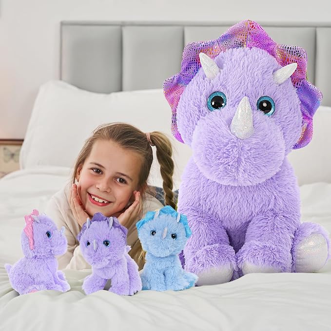 MaoGoLan Purple Triceratops Stuffed Animal, 21" Mommy Stuffed Dinosaur with 3 Babies, Soft Triceratops Plush Toy, Huggable Dinosaur Family for Room Decor, Christmas Birthday Gifts for Kids Boys Girls