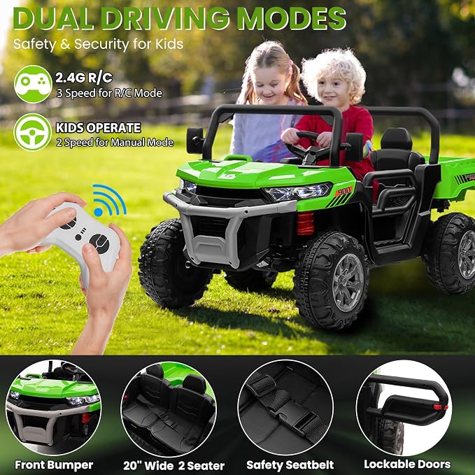 24V 4WD Ride on Truck Car w/4X200W Motor, Dump Bed, Gift Flower, 2 Seaters, Remote Control, 4 Wheeler, LED Light, Music, 24 Volt Ride on Toys for Big Kids Girls 3-8, Green