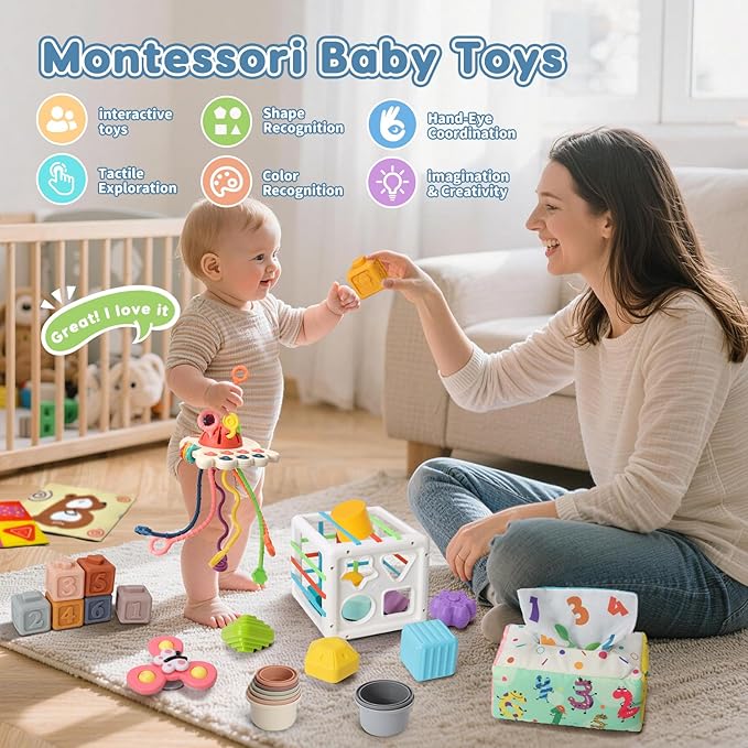 6 in 1 Montessori Baby Toys for 6-12 Months — Pull String Toy, Sensory Bin, Stacking Cups, Tissue Box, Suction Cup Spinner, Stacking Blocks, Infant Gift Set for 1-3 Year Old Boy Girls