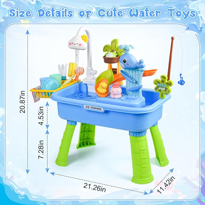 Kids Sand & Water Table — 4-in-1 Kitchen Sink Toy with Battery-Powered Water Pump, Faucet, Play Food & Fishing Set, for Boys & Girls Age 3+ (Blue-Cloud)