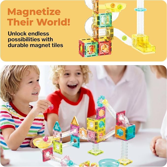 PicassoTiles 60 pc Magnet Tiles Building Block Travel Size Magnetic Marble Run Construction Toy Set Mini Diamond Marble RaceTrack Building Blocks Playset Education STEM Learning Kit Boy Girl 3+ PTMG60