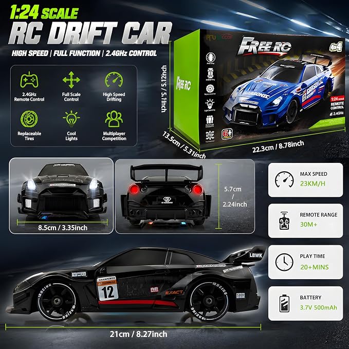 HTURCCOP 1:24 RC Drift 2.4GHz with LED Light Race Car Toys for Boys and Girls Aged 6+ Speed Adjustable up to 23Km/H, High-Speed RC Racing Cars Toy Gift for Boys & Girls (Black)