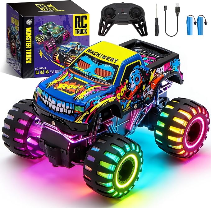 Remote Control Monster Truck Toys for Kids, 1:20 Scale 2.4GHz RC Car with Lights, All Terrain Rechargeable RC Truck with 2 Rechargeable Batteries, Toy Gift Birthday Christmas for Boys Girls Toddlers