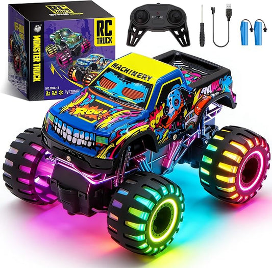 Remote Control Monster Truck Toys for Kids, 1:20 Scale 2.4GHz RC Car with Lights, All Terrain Rechargeable RC Truck with 2 Rechargeable Batteries, Toy Gift Birthday Christmas for Boys Girls Toddlers