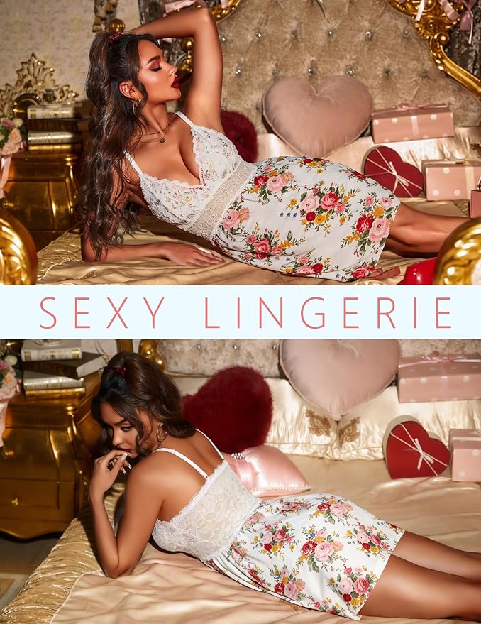 Ekouaer Lingerie for Women Sexy Nightgown Lace Trim Sleep Dress Chemise Nightgowns Sleeveless Night Gown Sleepwear S-3XL