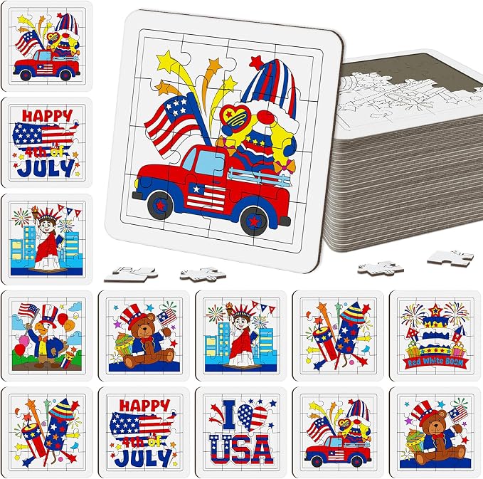 Cinrobiye 24 Pcs 4th of July Color & Assemble Craft Kit, Patriotic DIY Art Cards Set, Make Display Independence Day Craft Projects with Finished Wall Decorations for Classroom, Party and Summer Events