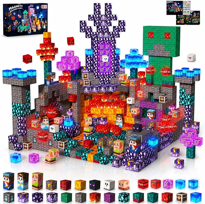 Magnetic Blocks with Light up Blocks -150PCS Magnetic Blocks for Kids Ages 4 5 6 7 8+, Magnetic Building Blocks Cubes, STEM Learning Toy for Kids, Easter Birthday Gift for 3-8 Year Old Boys Girls