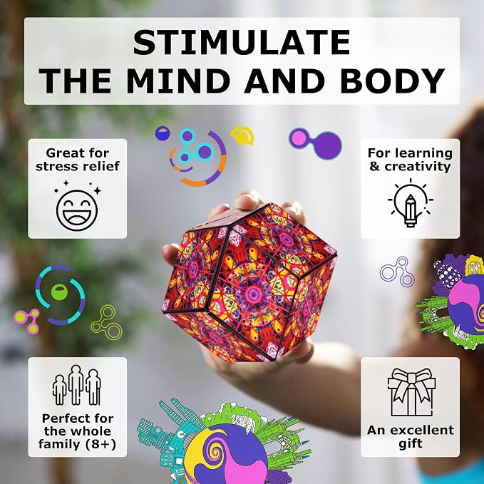 Shashibo Sensory Fidget Toy for Adults & Kids, Stress Relief Fidget Toy for Adults, Teens & Kids, Cool Fidget Toys for Desk, Classroom Must Have, Sensory Shape Shifting Cube, 100+ Possible Shapes