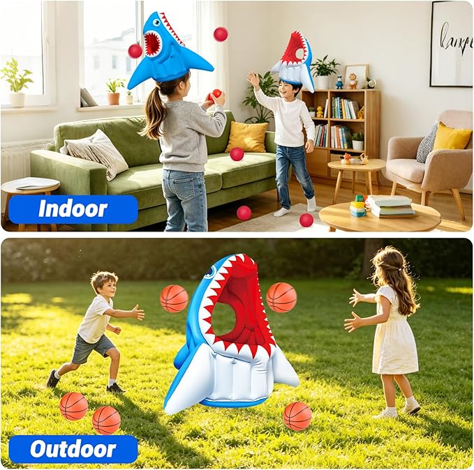 Shark Pool Toys, 3-in-1 Inflatable Pool Floats Basketball & Football & Head Hoop Swimming Pool Games, Summer Outdoor Water Games Beach Family Party Gift for Kids Boys Girls