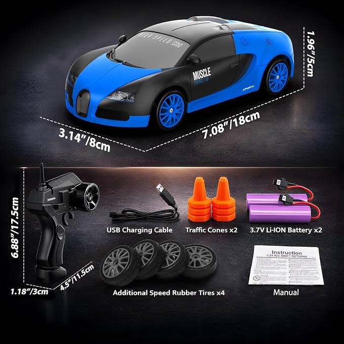 Remote Control Car RC Drift Car 2.4GHz 1:24 Scale 4WD 15KM/H High Speed Model Vehicle with LED Lights Drifting Tire Racing Sport Toy Car for Adults Boys Girls Kids Gift 2Pcs Rechargeable Batteries