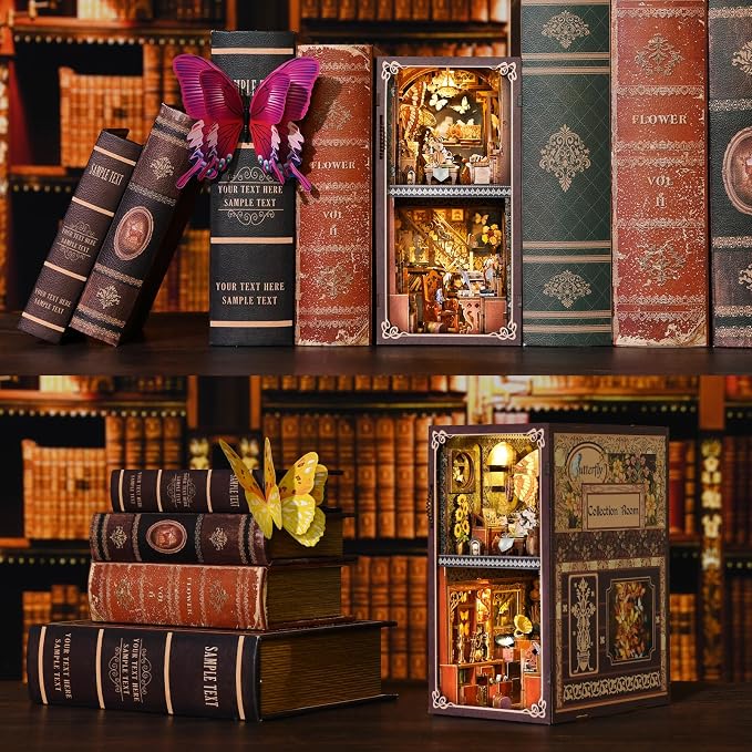 Book Nook Kit, DIY Miniature House Dollhouse Kit 3D Puzzle for Adults | Booknook Bookend Bookshelf Decor Tiny House Model Build with Dust Cover, Gifts for Family and Friends