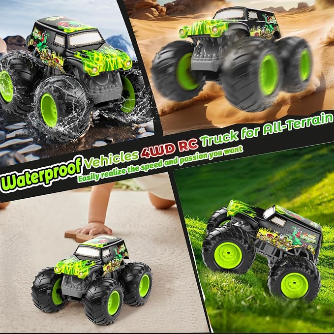 Amphibious Remote Control Monster Truck for Kids, Self-Balancing 4WD Stunt RC Truck with Wheelie Action, Waterproof All-Terrain Off-Road Big Tire Toy Car for Boys Girls Ages 6–12, Pool Gift