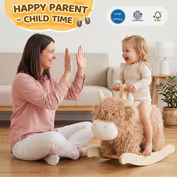 Baby Rocking Horse for 1 Year Old,Wooden Cow Animal Rocker Ride-on Toy Plush Wooden Rocking Toy for Nursery Playroom Indoor Wooden Rocking Horse Balance Seat with Handles Birthday Party Shower Gift