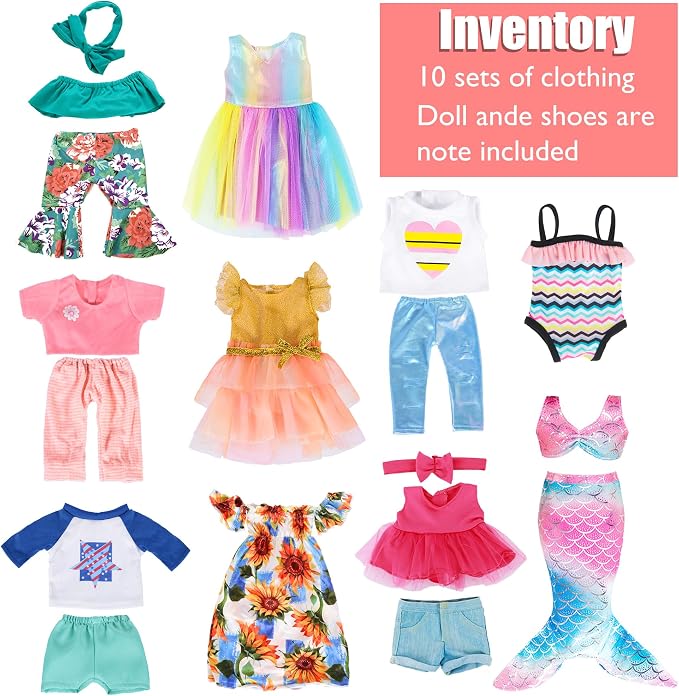 ebuddy 10 Sets 18 inch Doll Clothes and Accessories - Including Mermaid Costume, Stylish Casual Outfit, Swimwear Fit for 18 Inch Dolls (No Doll)