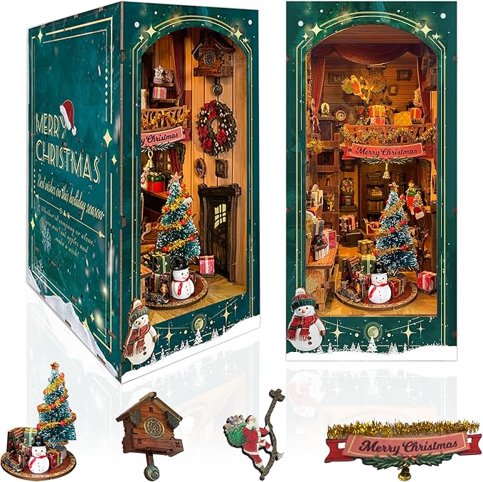 Christmas Book Nook Kit with LED Light - DIY 3D Puzzles Miniature House Kit Rotating Decorative Dollhouse Book Nooks for Adults Teens Gift - Jingle Cabin (SQ-34)