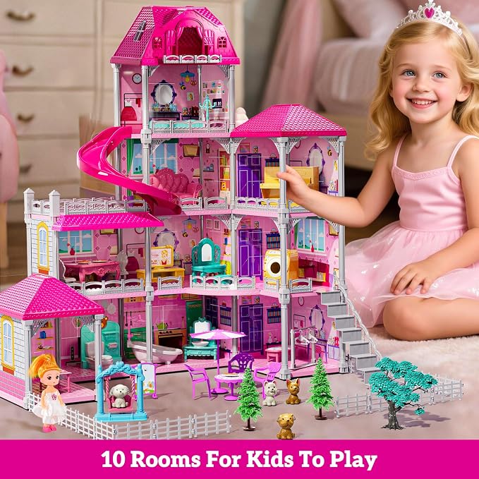 JUKUDAHU Villa Playset for Girls Ages 3-7, 4-Storey House with 10 Rooms, 2 Dolls, Furniture and Accessories, Indoor Playset Girls Toys for Ages 6-8, Pretend Toddler Toys, Birthday Gifts for Kids 4-8