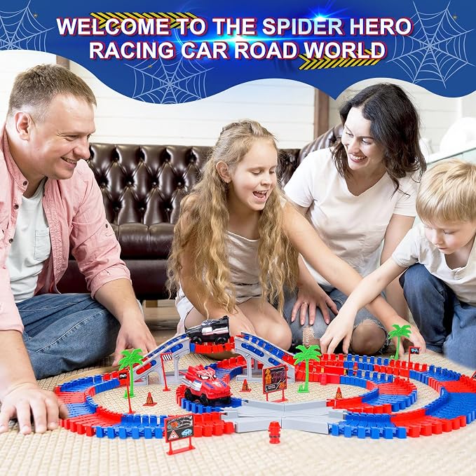 Spider Hero Monster Truck Toys for 3 4 5 6 7 8 9 Year Old Boys Girls: Race Track Set with 2 Spider Cars Electric Vehicle Kids Toys Gift for Boys Girls Age 3-9 Years Birthday Presents（212PCS）