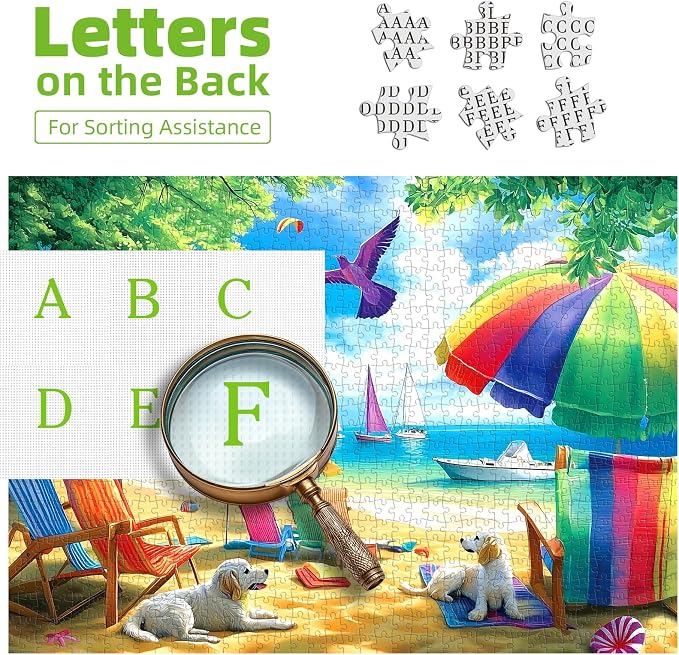 1000 Piece Puzzle for Adults - Beachside Umbrellas Puzzle with Letters on Back 27.5"x19.7", Nature Lovers Challenging Adult Puzzle, Hard Puzzle for Adults Relax, Art Gift, Family Game Night