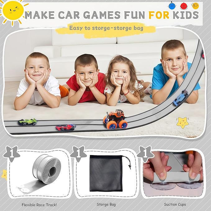 Flexible Race Track for Kids, 16 Ft Flex Race Car Ramp Track with Racing Cars Track Toys Compatible with Diecast 1/64th Hot Wheel Cars Rolls up Portable Car Ramp Toys for Boys and Girls Ages 3+ -