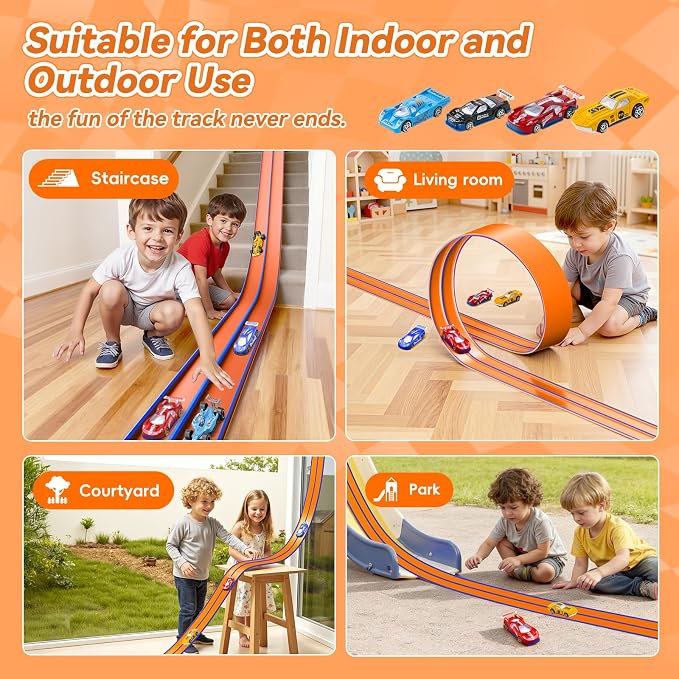 Upgrade Flexible Race Track for Kids, 15 Ft Flex Race Car Ramp Track with 4 Cars & Suction Cups - Compatible with Diecast 1/64th Cars, Car Tracks Toys for Kids Boys Girls Ages 3 4 5 6+ (Orange)