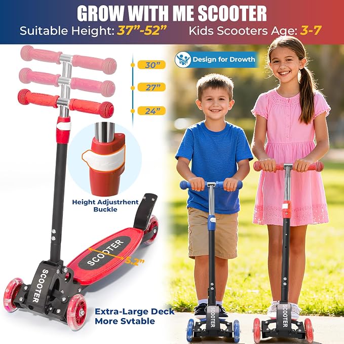 3 Wheel Scooter for Kids Ages 3-12, LED Light-Up Kids Kick Scooter–Portable Foldable, Adjustable Height, Durable Metal Construction, 6" Extra Wide Deck for Outdoor Activities,Child Safety Certified