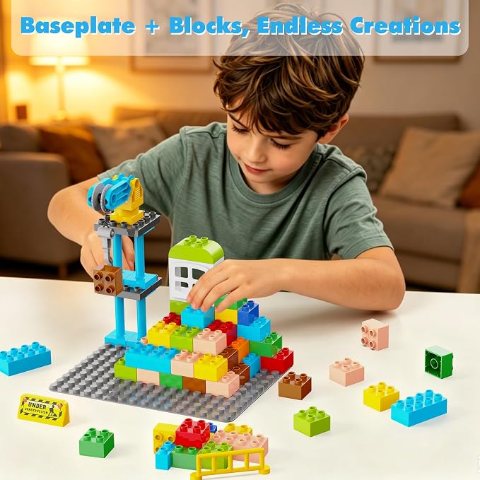 100+ Pcs Building Blocks Set with 4 Construction Trucks, Large Baseplate, Post-Disaster Rebuild Pretend Play, STEM Toy for Fine Motor Skills & Emotional Growth, Gift for Kids Ages 3-8