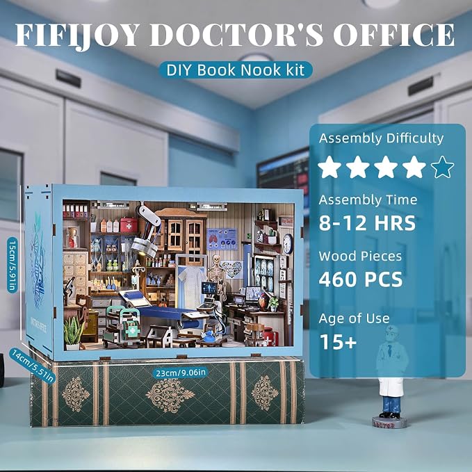 fifijoy Book Nook Kit - DIY Miniature House Doctors Clinic Dollhouse Kit for Adults, Book Nook Tiny House Bookshelf Decor Creative 3D Wooden Puzzle, Gifts for Family, Friends (Doctor's Office)