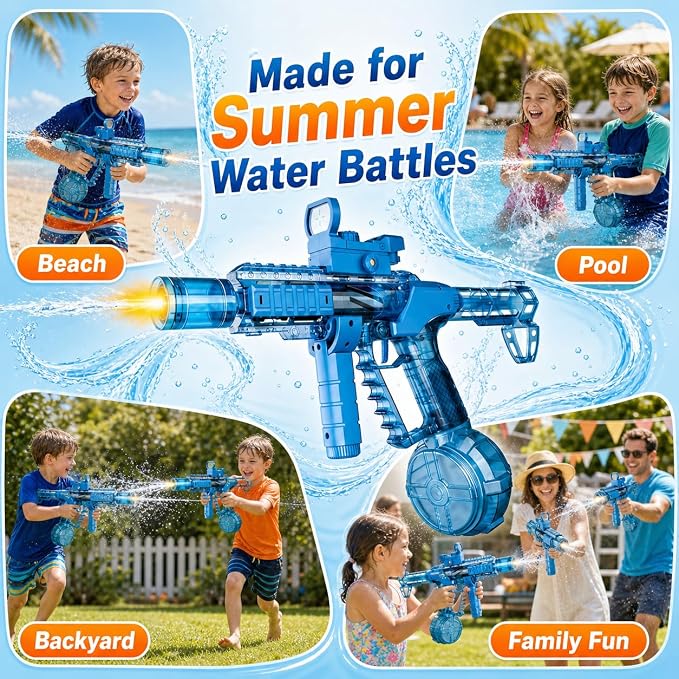 Electric Water Gun, Squirt Blaster Automatic Toy for Kids & Adults, 500cc Large Capacity, 26-32ft Long Range, Rechargeable Battery, Auto-Sync LED Lights, Summer Outdoor Toy for Pool, Beach & Backyard