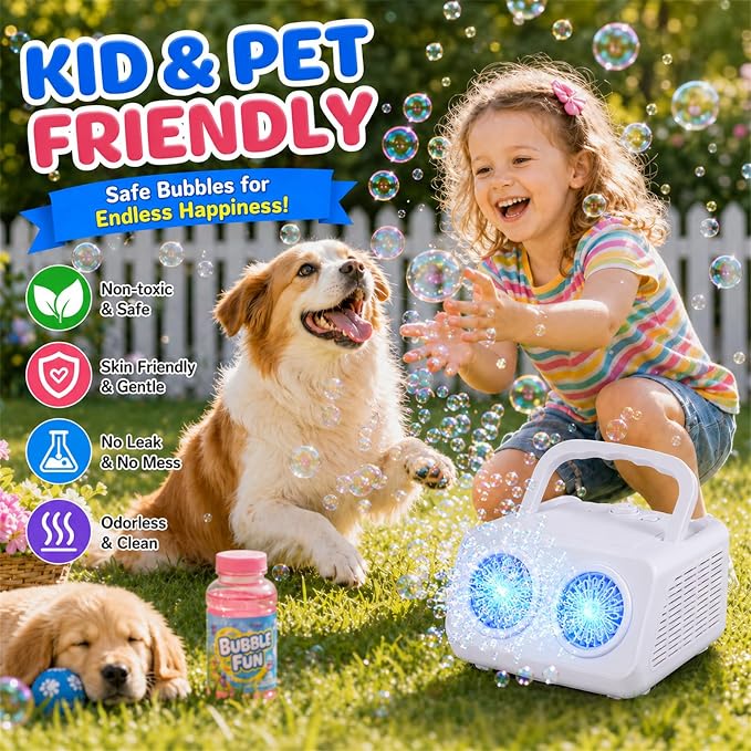 SHCKE Automatic Bubble Machine with 2 Fans,20000+ Bubbles/Min | Dual power USB-C/AA, No-Leak Sealed Bottle,Portable Bubble Maker for Pool, Wedding, Camping, Birthday Parties