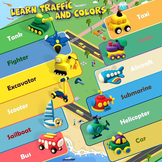 Air Dry Clay Kit -Traffic Theme, Modeling Clay for Kids, DIY Magic Clay with Sculpting Tools and Tutorials, 12 Boxes Molding Clay, Ultra Light, Soft & Non-Sticky, Arts and Crafts Gift for Kids