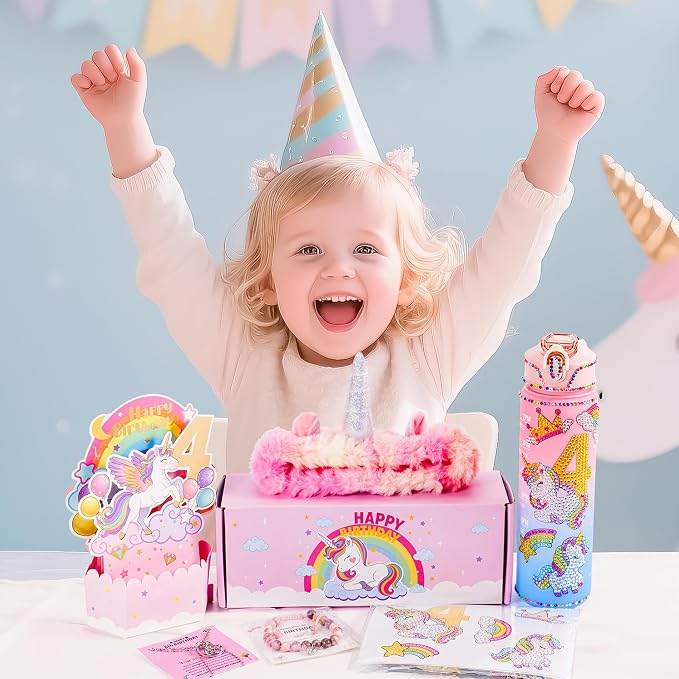 Unicorn Gifts for Girls, Christmas Birthday Gifts for Girls Age 4 Years Old Girl Birthday Gift Unicorn 3D Pop-Up Card for 4-Year-Old Girl and DIY Water Bottle Kits, Unicorn Toys for Daughter, Niece