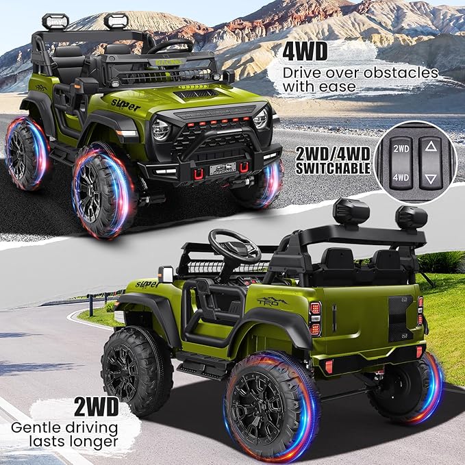 Hikole 24v Kids Ride on Car with 20" Width Seat, 2 Seater Battery Powered Electric Car, 4x100W Motor, Remote Control, 24 Volt Ride on Toy for Boys Girls, Green