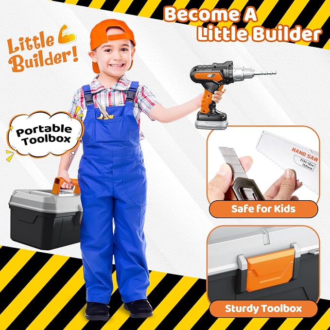 Kids Tool Set 46 PCS, Christmas Birthday Gifts for Kids Ages 3,4,5,6,7,8, Toddler Tool Set with Portable Tool Box & Electronic Toy Drill, Construction Toys Tools for Toddlers, Tool Kits for Boys Girls