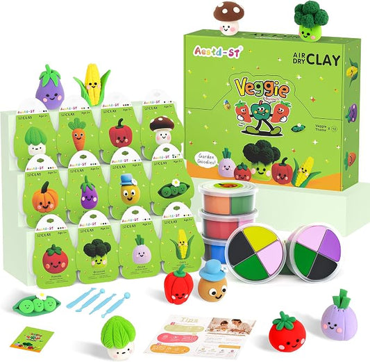 Air Dry Clay Kit - Vegetable Theme, Modeling Clay for Kids, DIY Magic Clay with Tools and Tutorials, 12 Boxes Molding Clay, Ultra Light, Soft & Non-Sticky, Arts and Crafts Gift for Kids