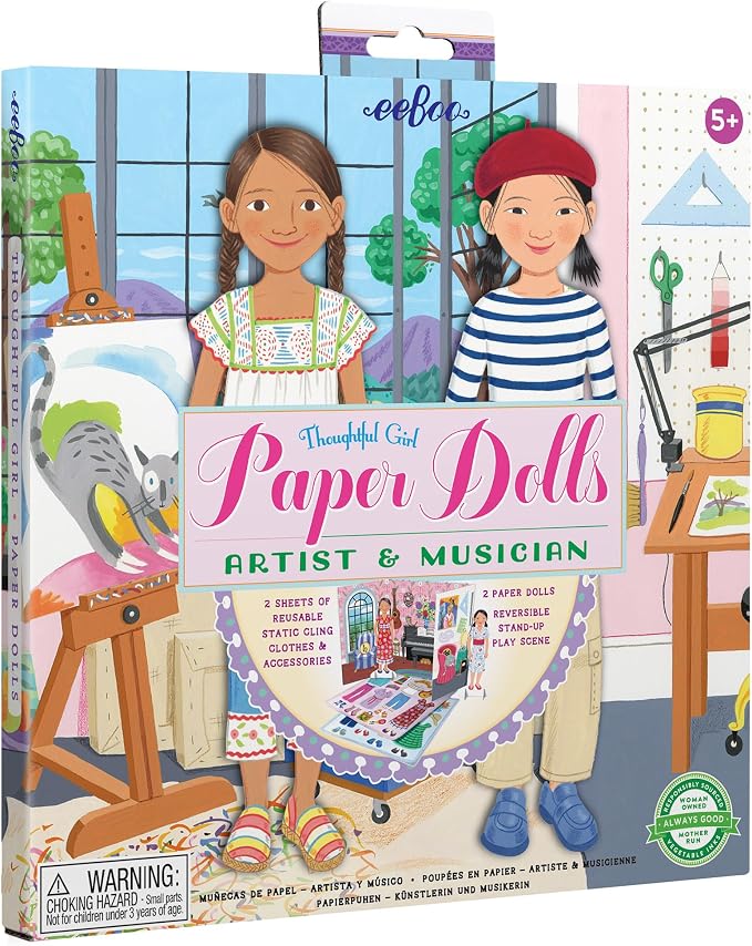 eeBoo Musician and Artist Paper Dolls Set - Reusable Dress-Up Play with Stand-Up Scene, Travel-Friendly Screen-Free Fun for Kids Ages 5 and up
