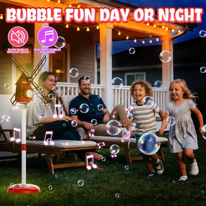 Belemar Windmill Bubble Machine Toys for Kids, Bubble Blower with Lights & Music, Adjustable 51" Height, 130ml Large Tank, Bubble Solution Included, Bubble Show for Parties & Birthdays