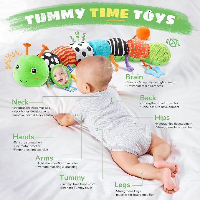 AWOTOY Baby Toys Sensory Music Caterpillar Stuffed Animal Infant Toys,Green | Teething Toys 0-3-6-12 Months Tummy Time with Mirror Crinkle Rattle&Pull String for Newborn Boys Girls Shower Gifts Birthday