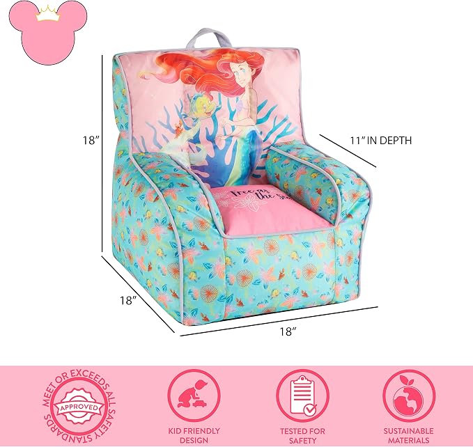Disney Little Mermaid Kids and Toddler Canvas Bean Bag Chair with Piping & Top Carry Handle