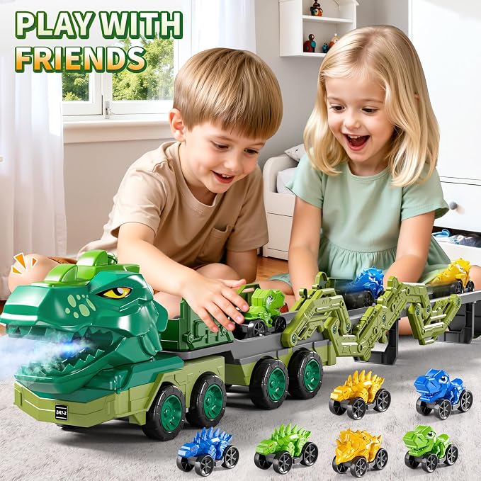 10 in 1 Dinosaur Truck Toys for Kids Aged 3-5 4-8 with Foldable Race Track, Carrier Truck with 9 Dinosaur Toy Car for Boys, Spraying, Light and Sound, Birthday Gifts for Girls Toddlers 5-7