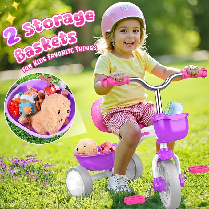 Kkdi Toddler Tricycle for 1-3 3-5 Year Olds, 2 3 4 5 Year Old Girl Birthday Gifts, Purple Toddler Baby Bike, 4-Level Adjustable Seat, 3 Color Light Wheels, 2 Baskets, Outdoor Riding Toys for Ages 2-4