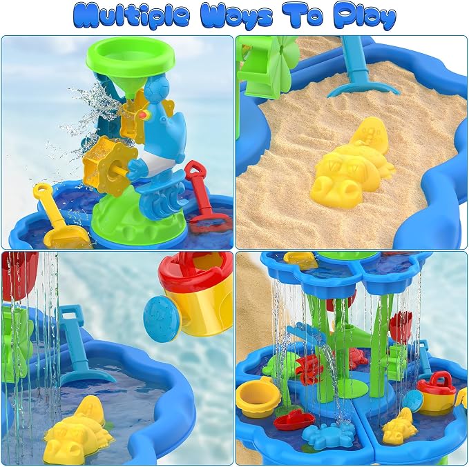 Kids Flower Water Sand Table for Toddlers - 2-Tier Outdoor Water Sand Play Table Toys for Boys Girls, Summer Splash Activity Sensory Table Party Birthday Gift for Kids 3-5 6-12(Blue)