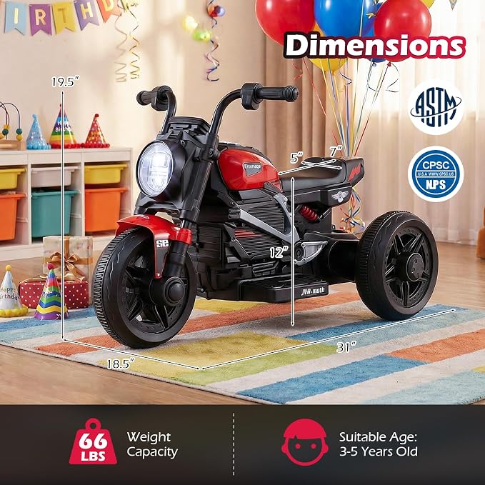 Costzon Toddler Motorcycle, 6V Chopper Kids Motorcycle Ride On Toy with LED Headlight, Music, Story, 3-Wheel Stable Electric Motorbike for Toddlers Boys Girls (Red, 31" x 18.5" x 19.5"(L x W x H))
