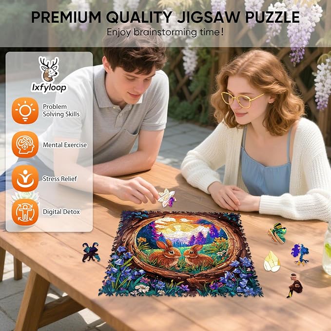 Ixfyloop Wooden Puzzles for Adults, Wooden Jigsaw Puzzles for Adults, Bunny Puzzle Wood Puzzles for Adults Wooden, Rabbit Puzzle Interlocking Family Game Birthday Gift 500 Pieces 15.9x15.7 Inch