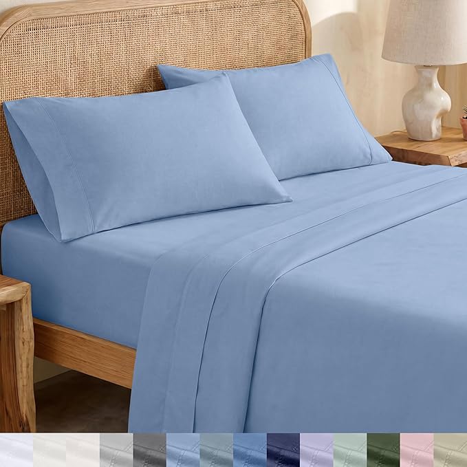 California Design Den Soft 100% Organic Cotton Queen Sheet Set - Crisp and Cool Percale, Deep Pocket Organic Cotton Sheets with Anti-Skid Elastic, Breathable and Durable Bedding Set - Light Blue