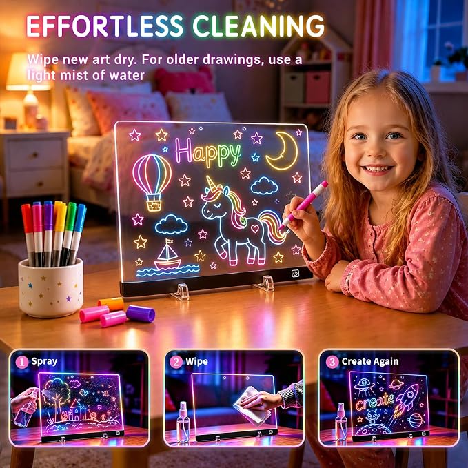 Rechargeable Led Drawing Board for Kids' Dry Erase Boards w/ 12 LED Light Effects,Art Kit Drawing Tablet,Drawing Pad for Kids Gifts for Boys,Girl Birthday Gift for 3-6 7 8 9 10 Year Old Travel