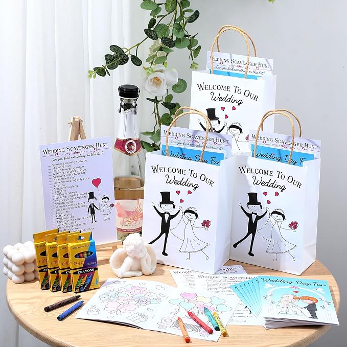 Mooliwe 96 Pcs Wedding Activity Set Include 24 Coloring Books 24 Favor Bags 24 Crayons 24 Scavenger Hunt Sheets for Wedding Activities Game Favor Entertainment Party Supplies